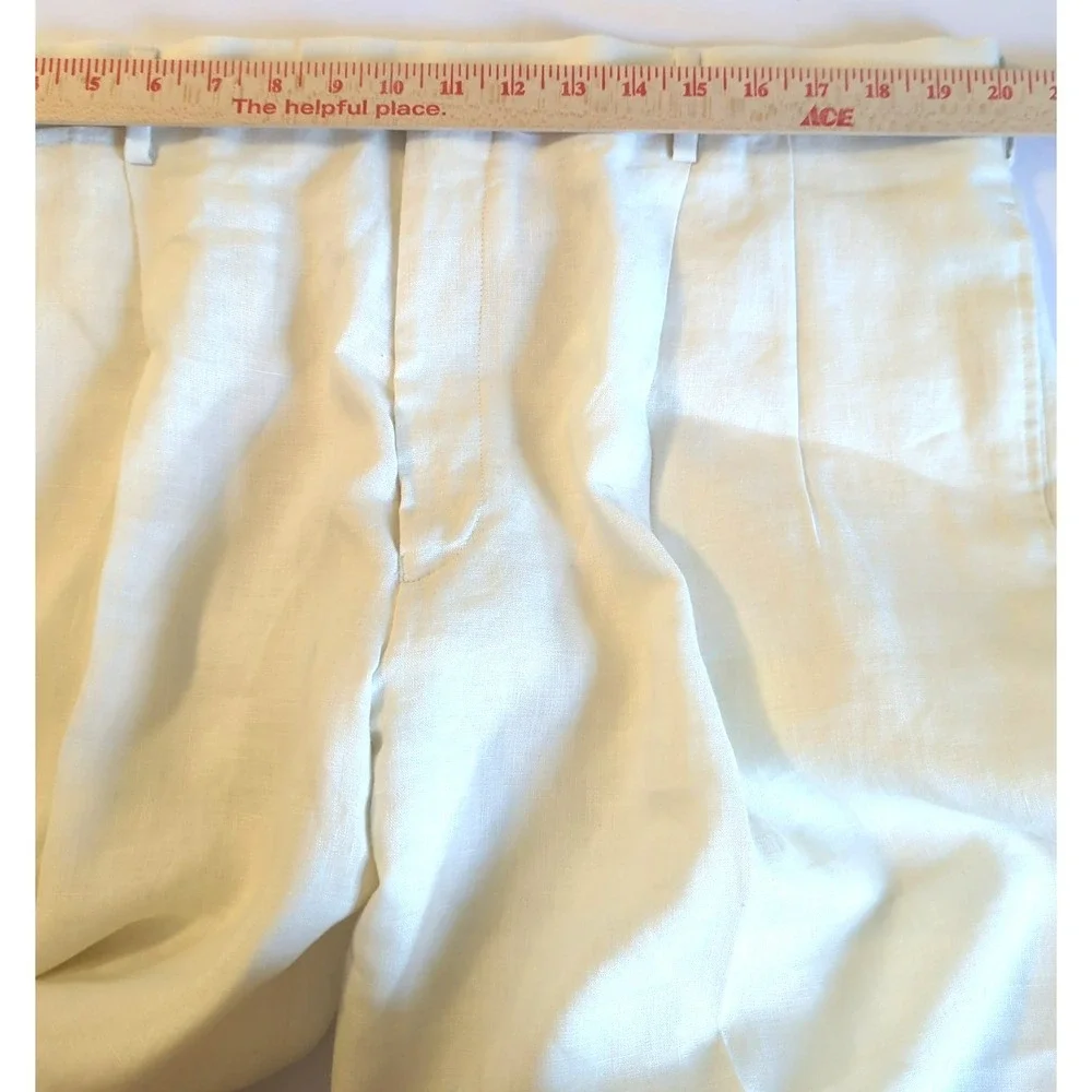 100% Linen Men Trouser Pant 40x30 Pleated Cuffed Ivory Classic Minimalist Money
